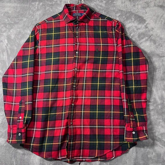 Polo Ralph Lauren Shirt Mens Size L 15 1/2 Flannel Red Plaid Tartan - Picture 1 of 7